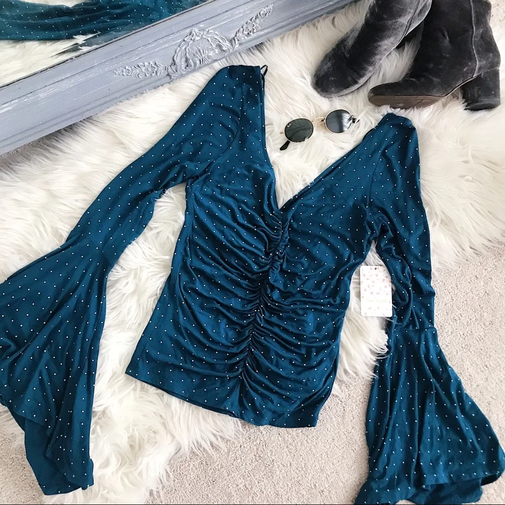 Free People Teal Polka Dot Ruched Bell Sleeve Top